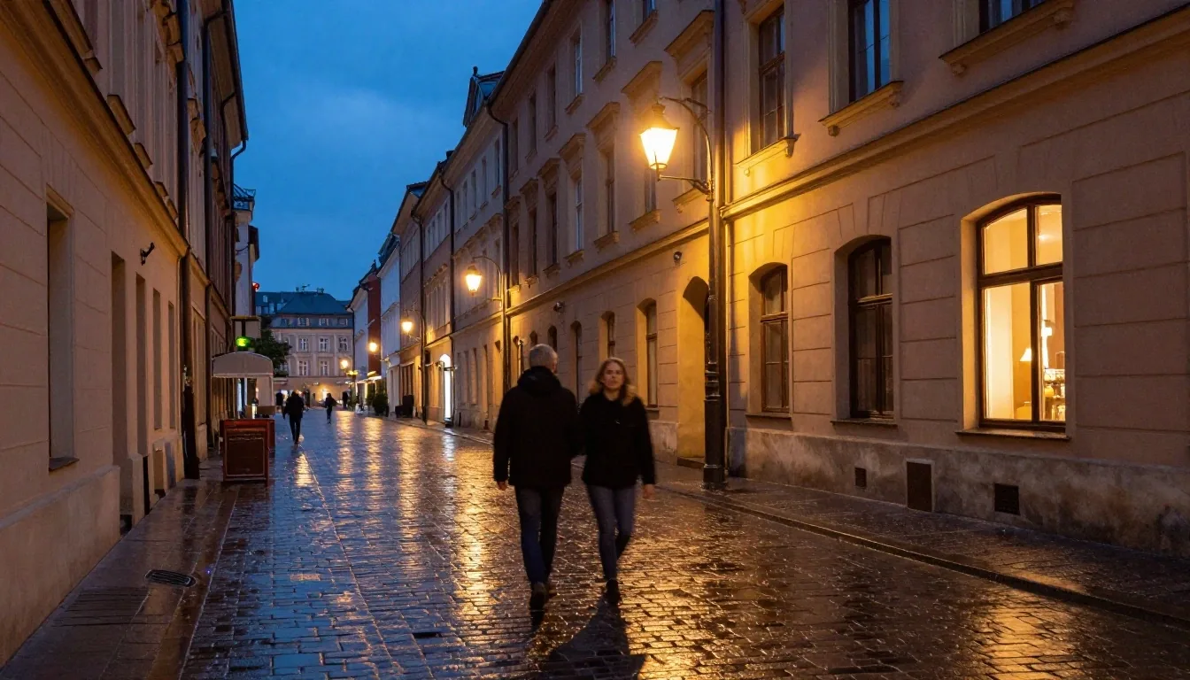 Ulica Piotrkowska w Łodzi o zmierzchu