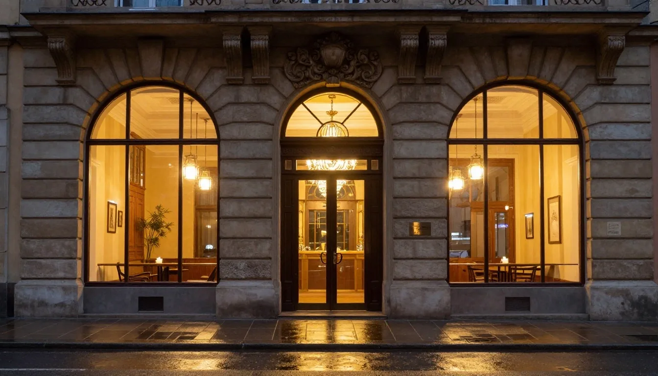 Fasada hotelu przy ulicy Piotrkowskiej w Łodzi o zmierzchu