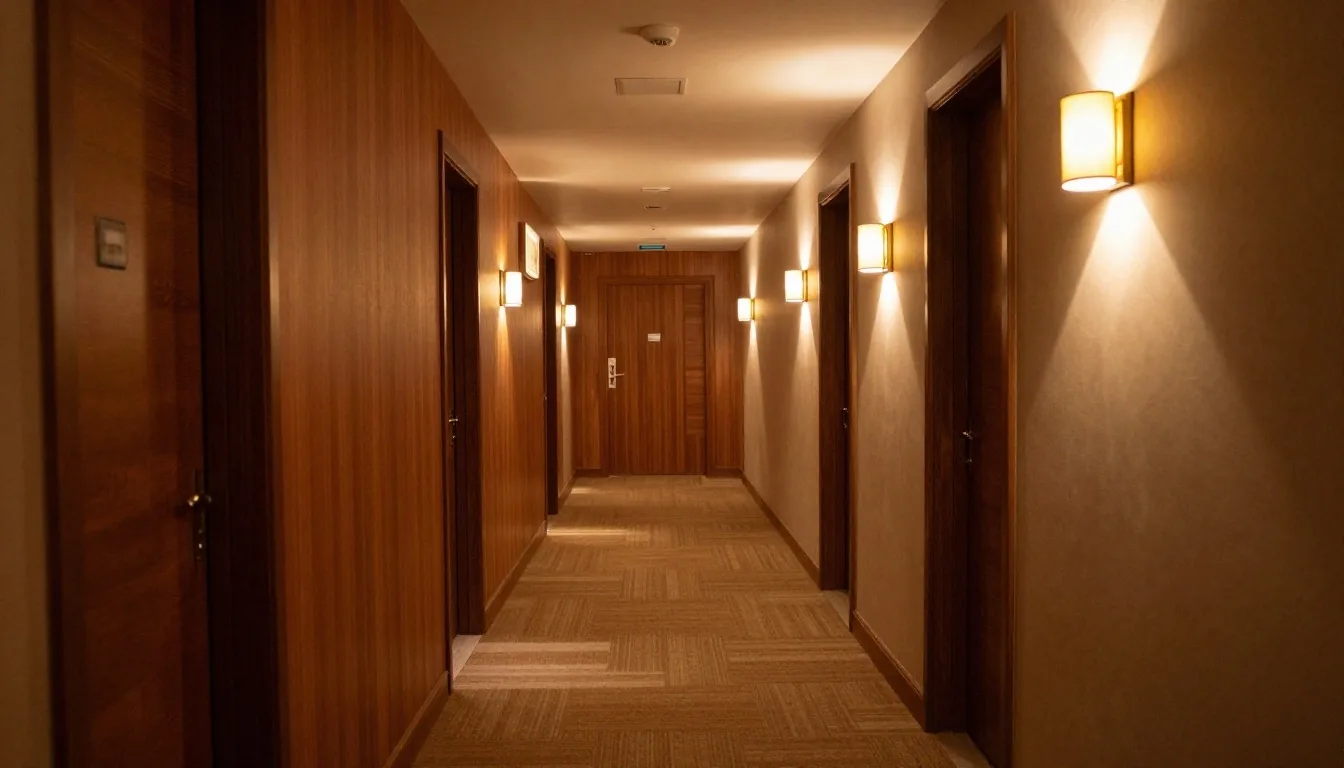 Korytarz hotelowy z drzwiami pokoi i światłem wpadającym przez żaluzje