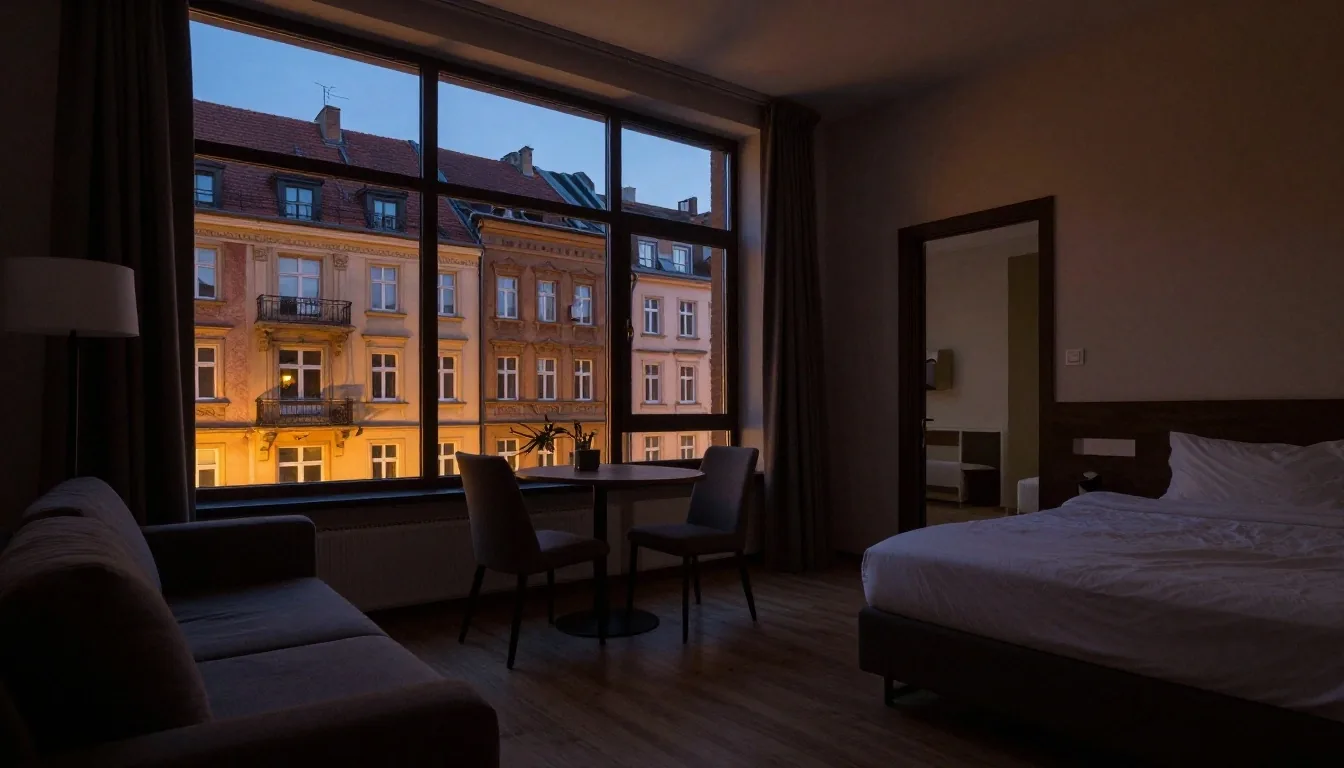 Wnętrze apartamentu z osobną strefą wypoczynkową i widokiem na Piotrkowską