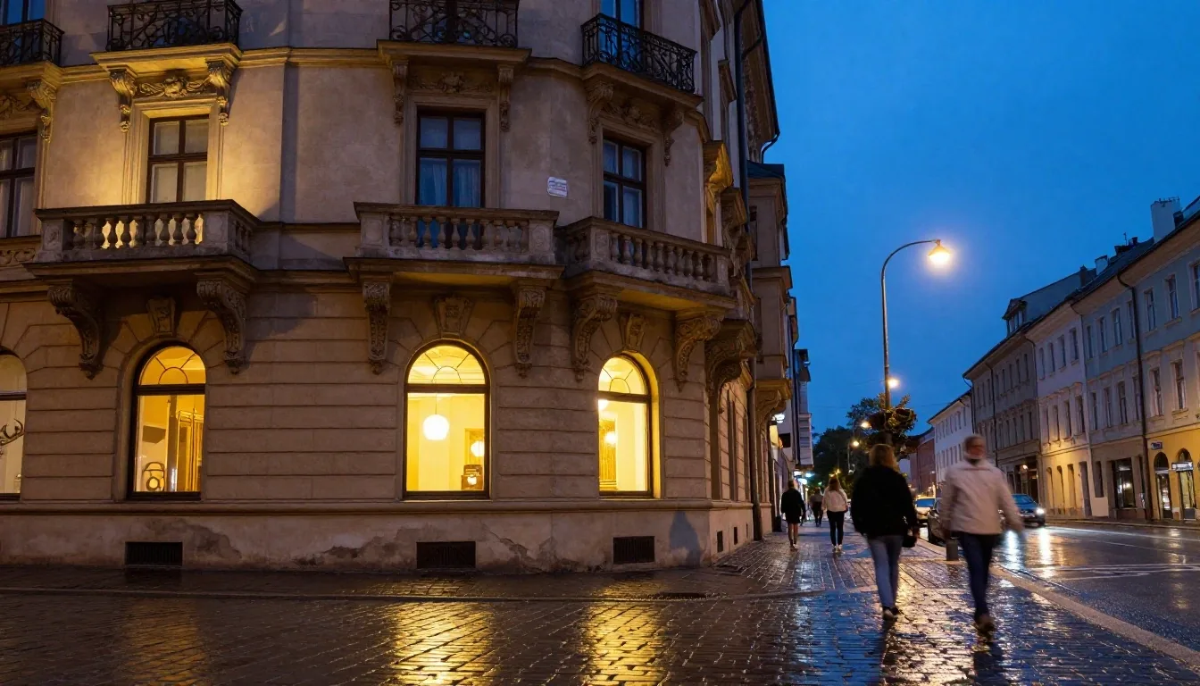 Fasada obiektu przy ulicy Piotrkowskiej 105 w Łodzi o zmierzchu