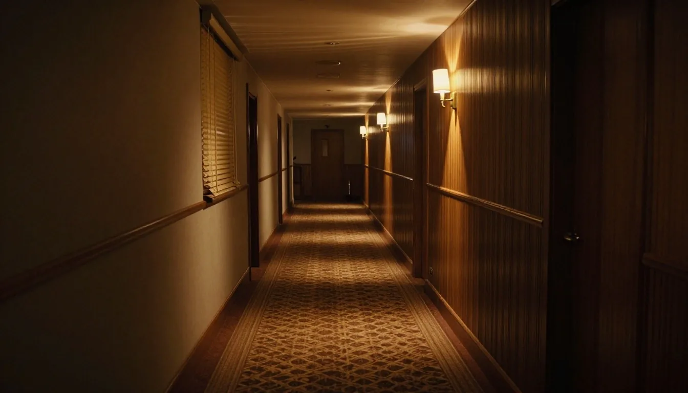 Korytarz hotelowy z żaluzjami rzucającymi pasma światła